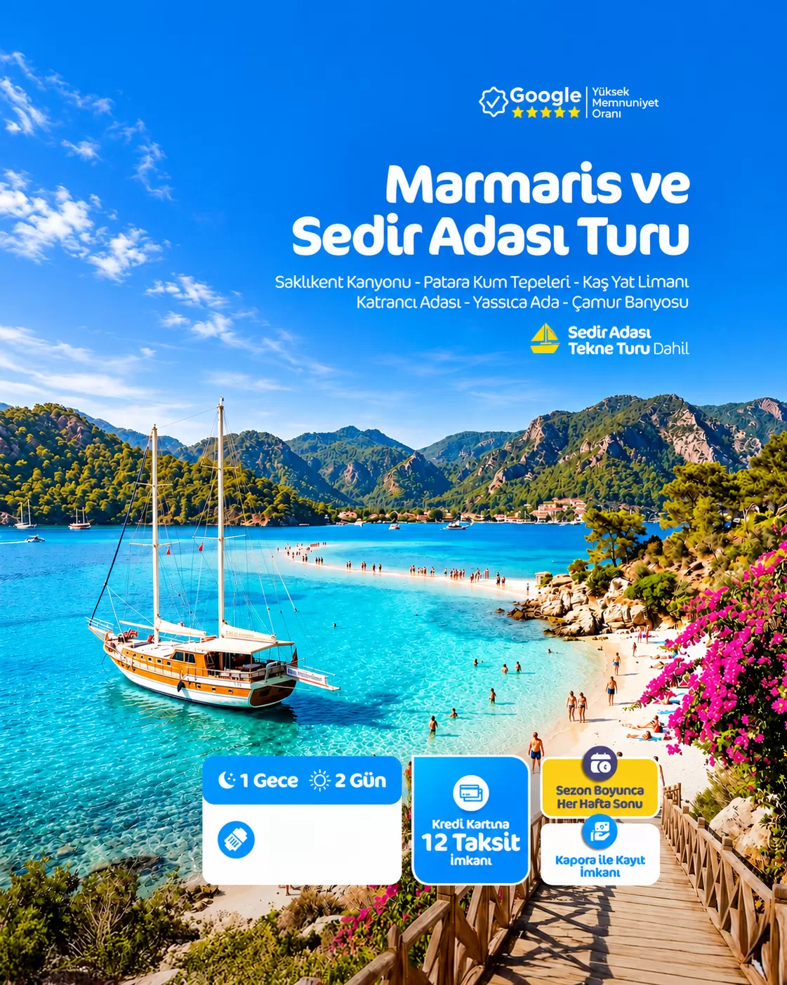 İzmir Çıkışlı Marmaris Sedir Adası Turu(1 Gece), Tekne Turu Dahil